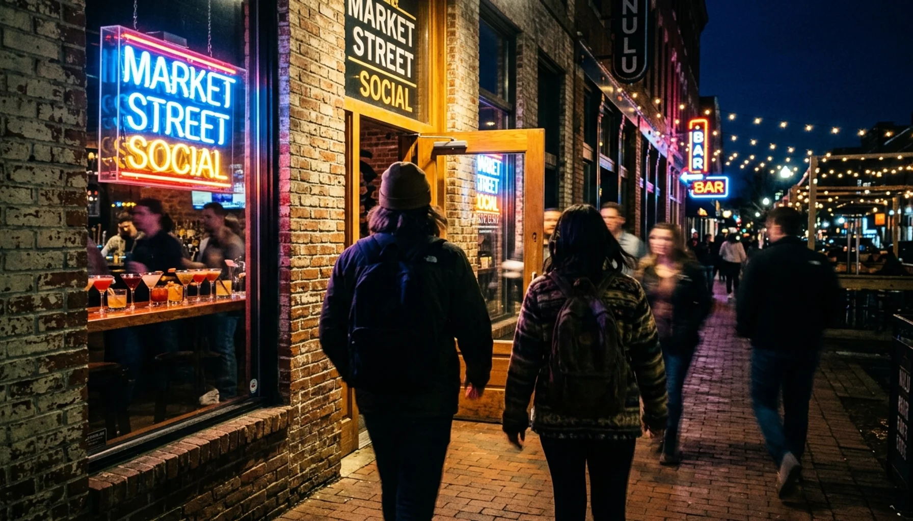Crowd walking into a NuLu bar on East Market Street during Louisville nightlife hours