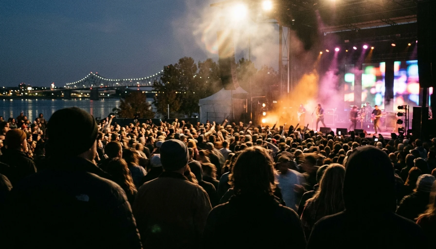Silhouetted crowd at a Louisville waterfront concert, a lively stop in any Louisville travel guide