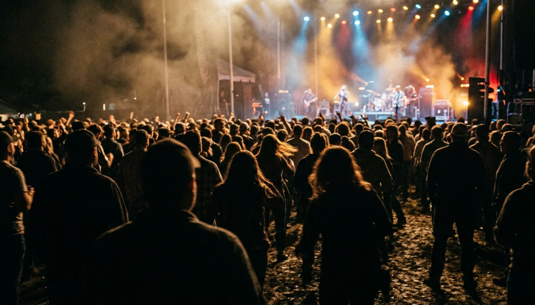Crowd silhouettes at a seasonal bourbon festival near Louisville under hazy stage lights