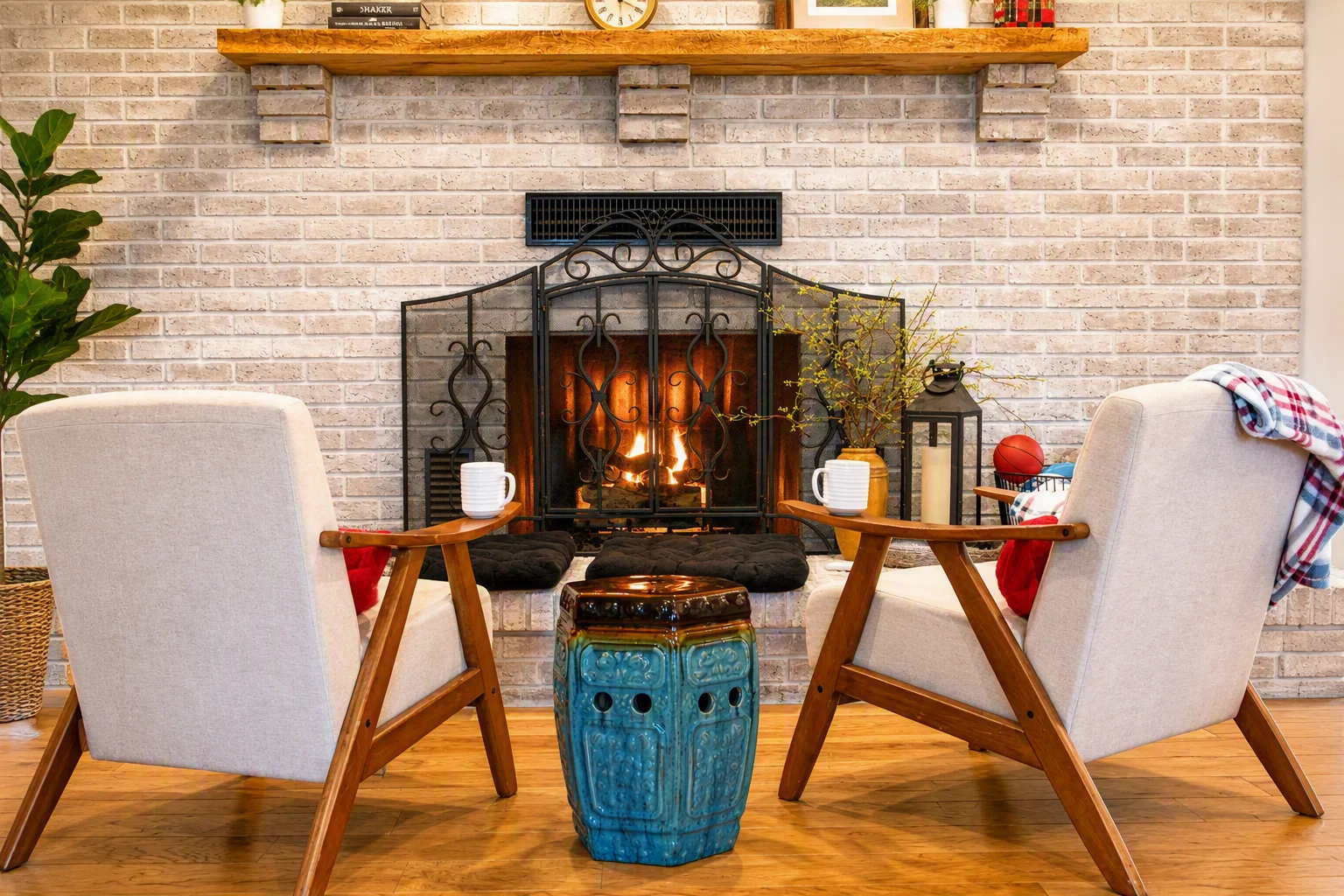 Cozy fireplace lounge with mid-century modern seating at Glencairn Knoll Louisville