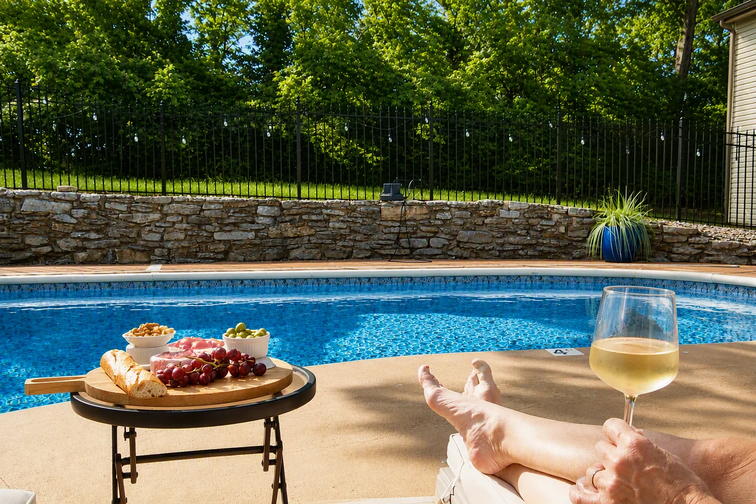 Luxurious poolside entertainment area with sparkling pool and wine at Glencairn Knoll in Louisville Kentucky